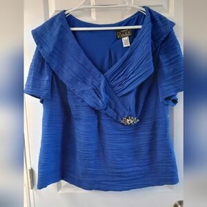 Alex Evenings Royal Blue Textured Short Sleeve Blouse with Brooch Accent